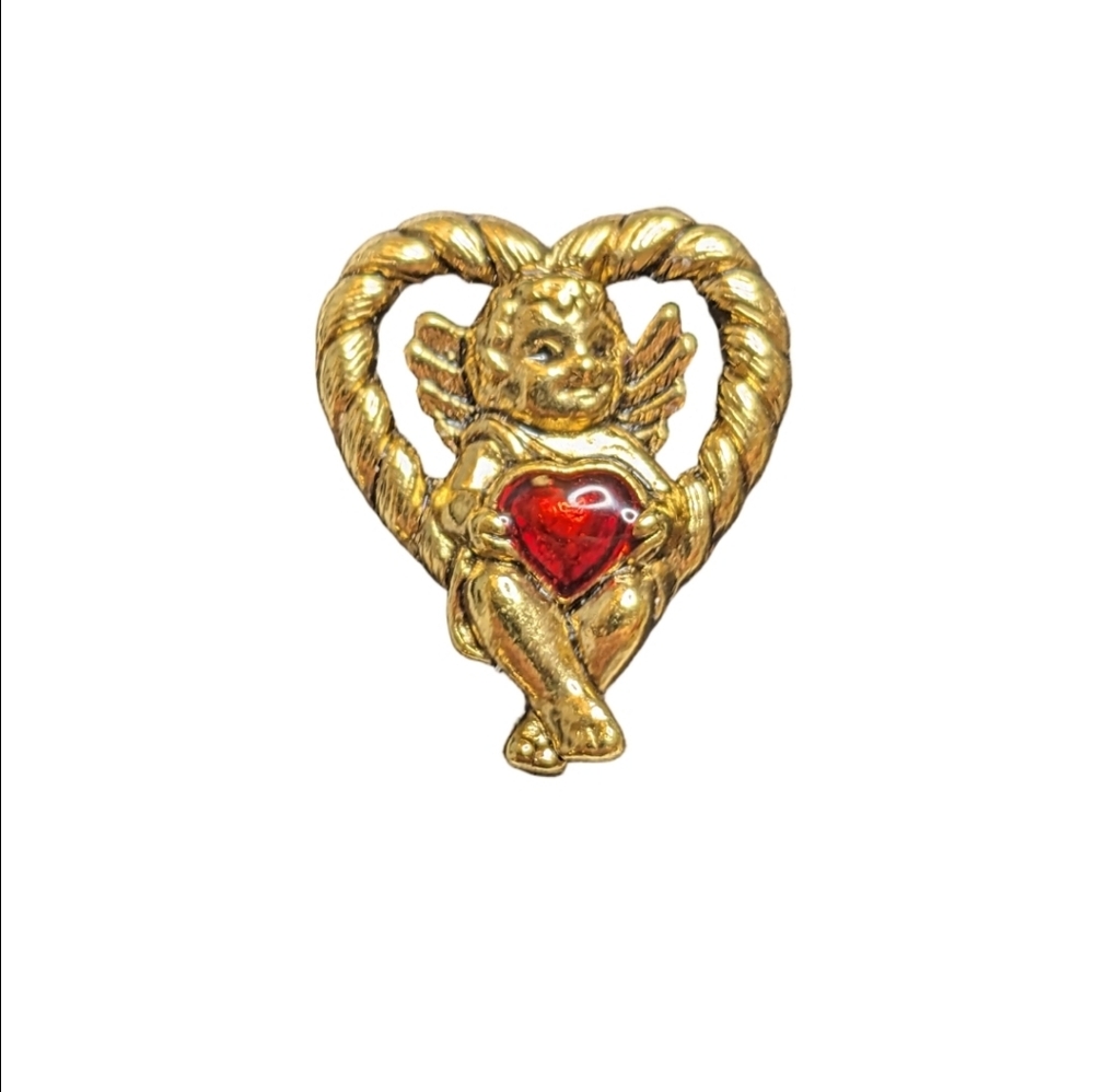Vintage Avon Cherub‎ Angel with Red Heart Pin Brooch